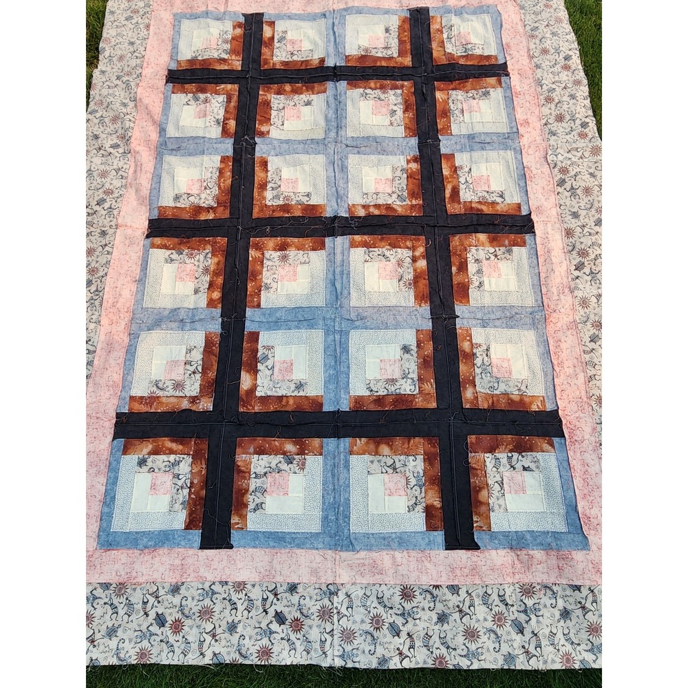 Handmade Southwest Kokopelli Log Cabin Quilt Top Blue Orange 78x106 Unfinished - Picture 5 of 8